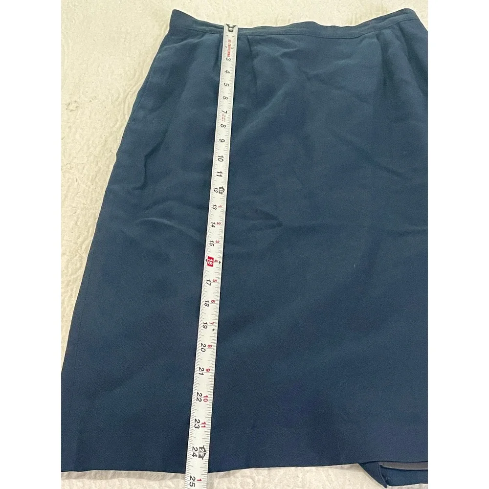 Vintage Navy Blue‎ Linen Blend Midi Skirt High Waisted Back Slit Size 10 Pockets